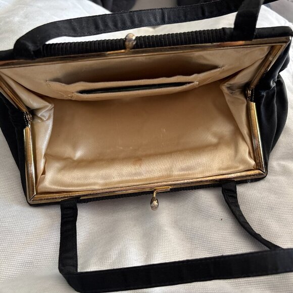VINTAGE 1950s Black Pleated Evening Clutch w Gold Satin & Mirror - Picture 4 of 7